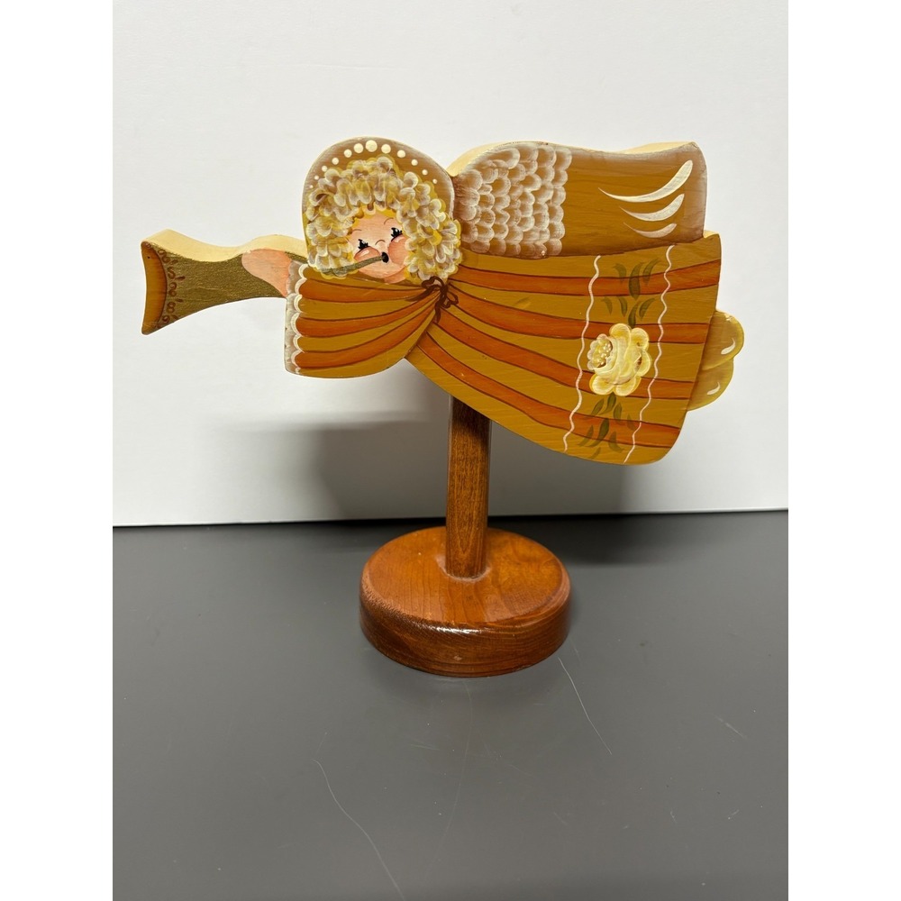 VTG Folk Art Wood Angel Figurine with Horn Hand Painted Aesthetic Decor 7"